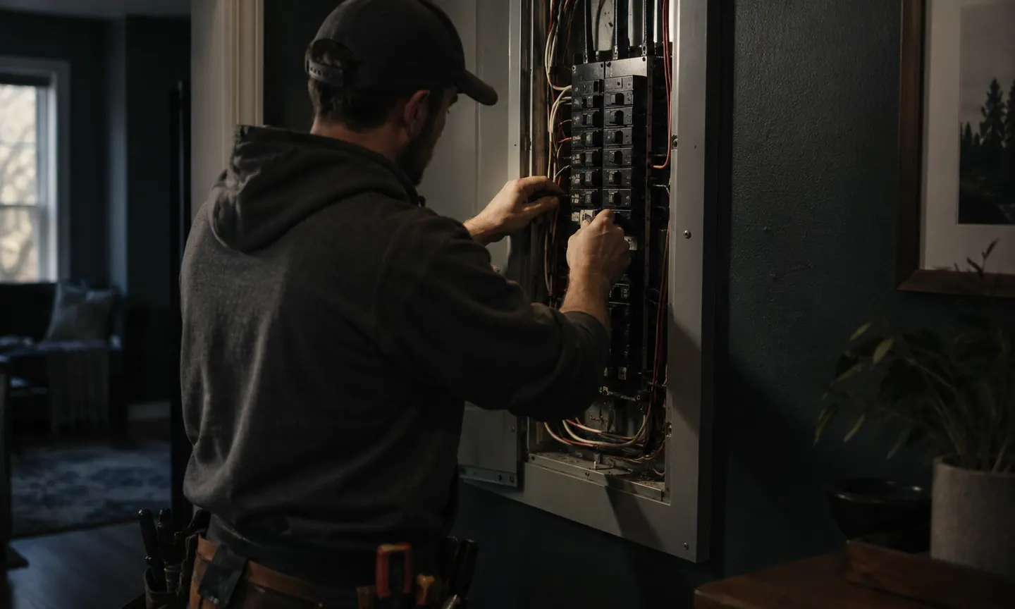 An electrician working at a residential electrical panel